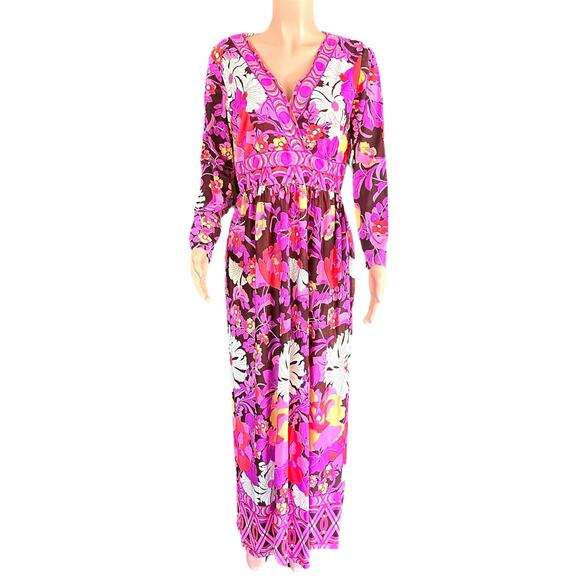 Vintage 60s 70s Psychedelic Mod Style Pink Mod Flower Maxi Dress Hostess Gown - Picture 5 of 16